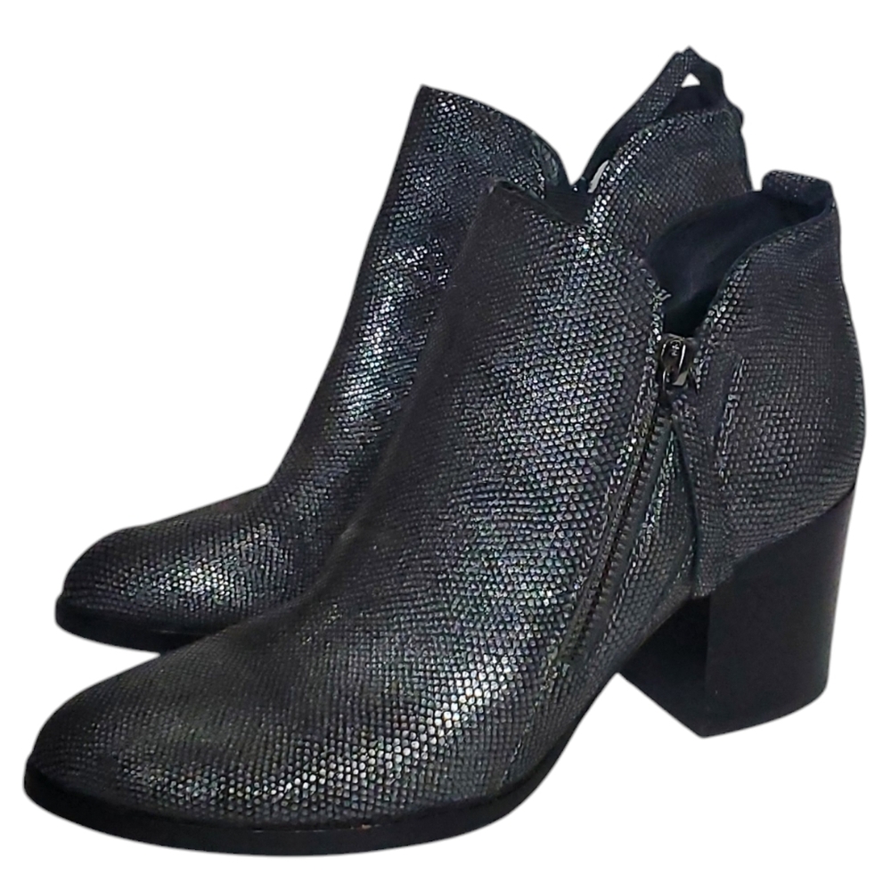 Donald J Pliner Edyn Boots Metallic Silver Pewter Block Heel Ankle Booti…